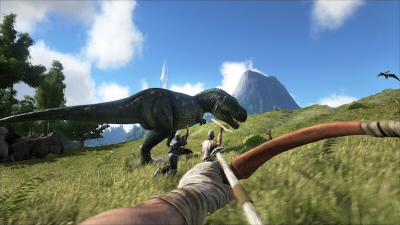 Aiming a bow at a T-Rex in Ark Survival Evolves